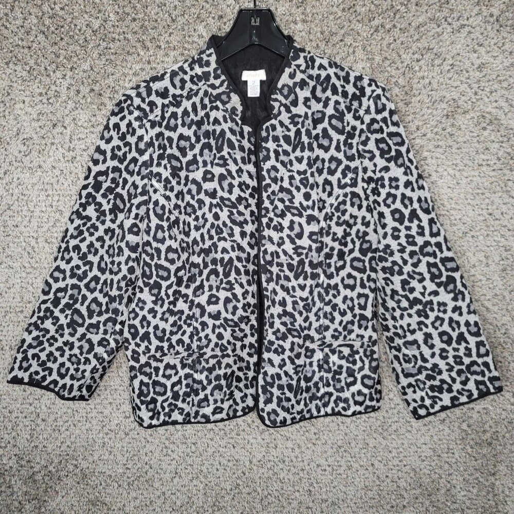 Chicos Jacket Womens 2 US Large Gray Animal Print‎ Open Front Rayon Nylon Ladies